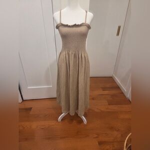 H&M Smocked Spaghetti Strap Midi Dress in Taupe Size Medium